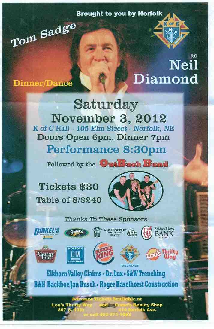 Tom Sadge as Neil Diamond Tribute Artist performed in NE in 2012.