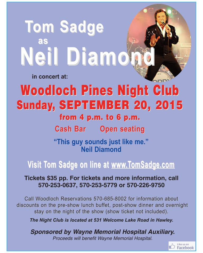 Tom Sadge as Neil Diamond will perform on Sept. 20, 2015 for Wayne Memorial Hospital.